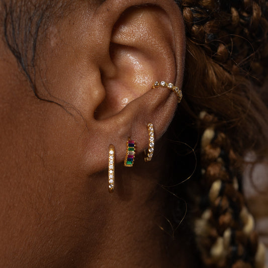 Rainbow Colored Baguette CZ Pave Huggie Hoop Earrings