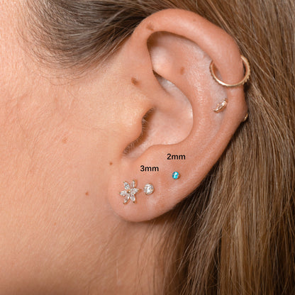 14K Solid Gold 2mm White CZ Threadless Labret Flat Back Earring