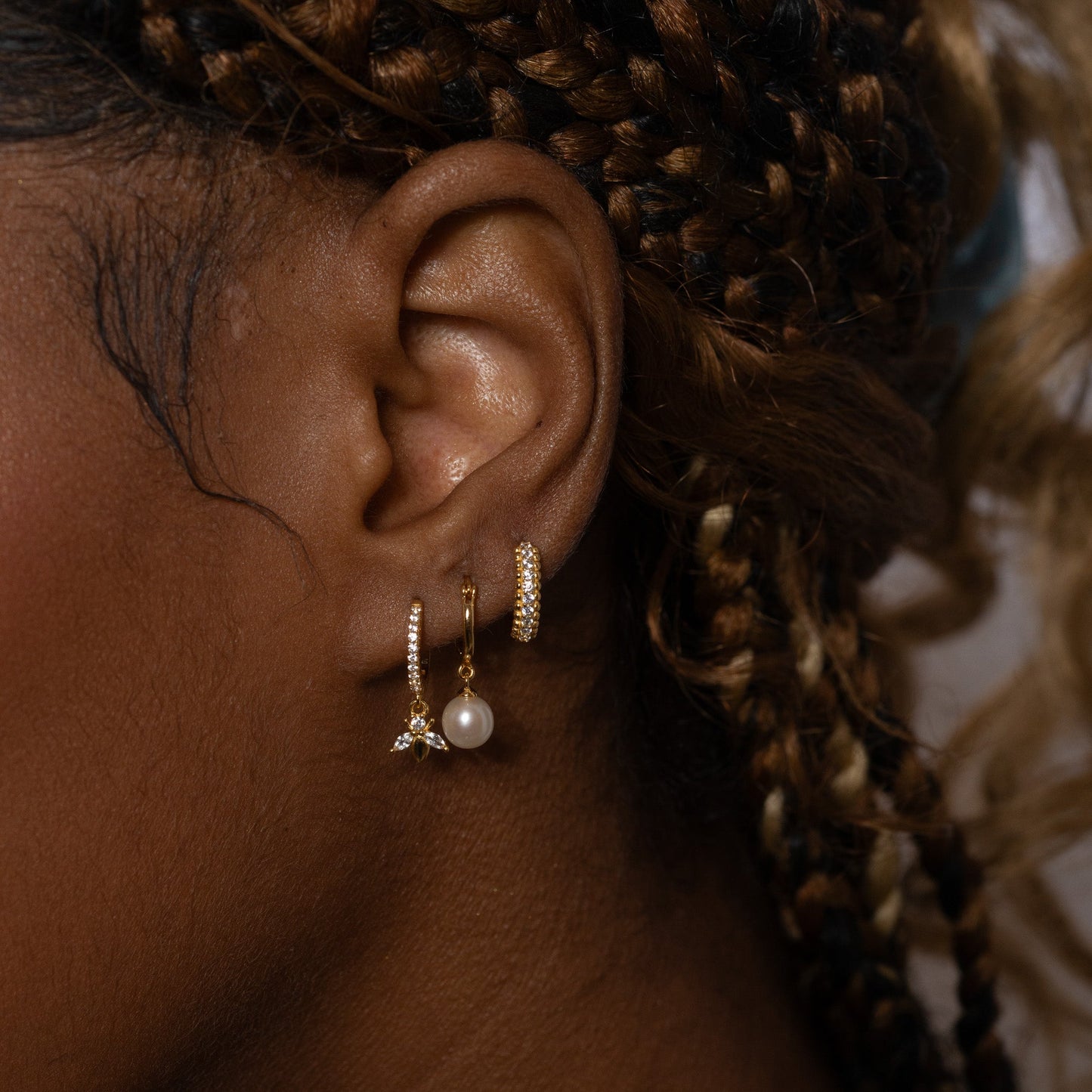 Dainty Bee Hoop Earrings with White Stone