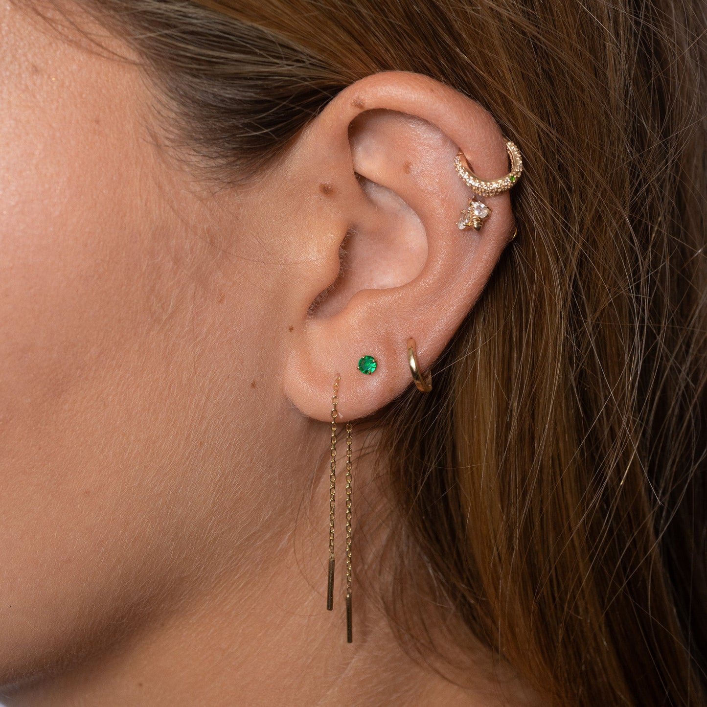 14K Solid Gold 3mm Emerald Green CZ Threadless Labret Flat Back Earring