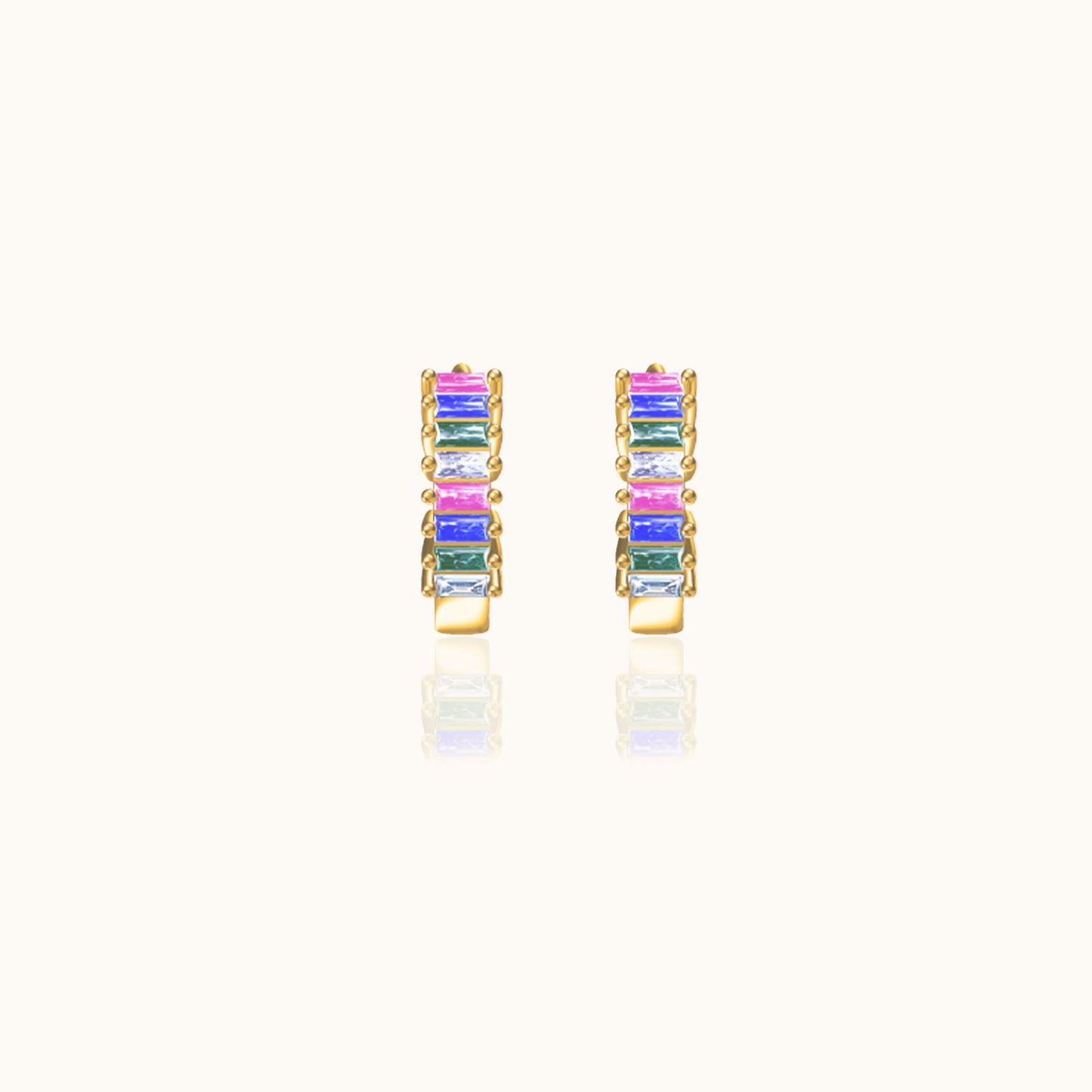 Rainbow Colored Baguette CZ Pave Huggie Hoop Earrings