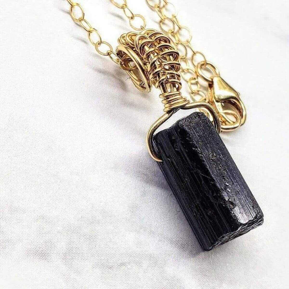 Wire Wrapped Raw Black Tourmaline Gemstone Necklace - 20 Inch