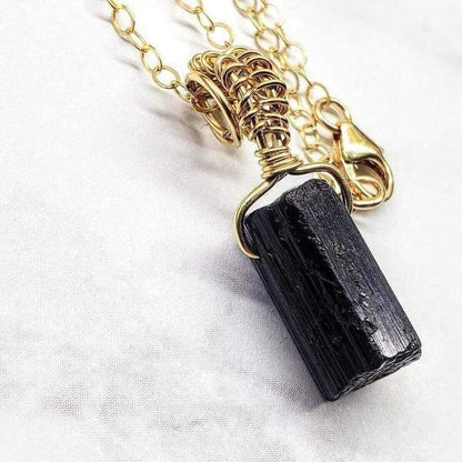 Wire Wrapped Raw Black Tourmaline Gemstone Necklace - 20 Inch