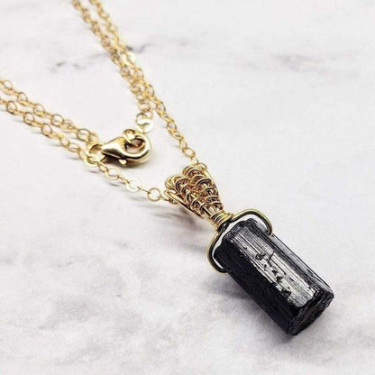 Wire Wrapped Raw Black Tourmaline Gemstone Necklace - 20 Inch