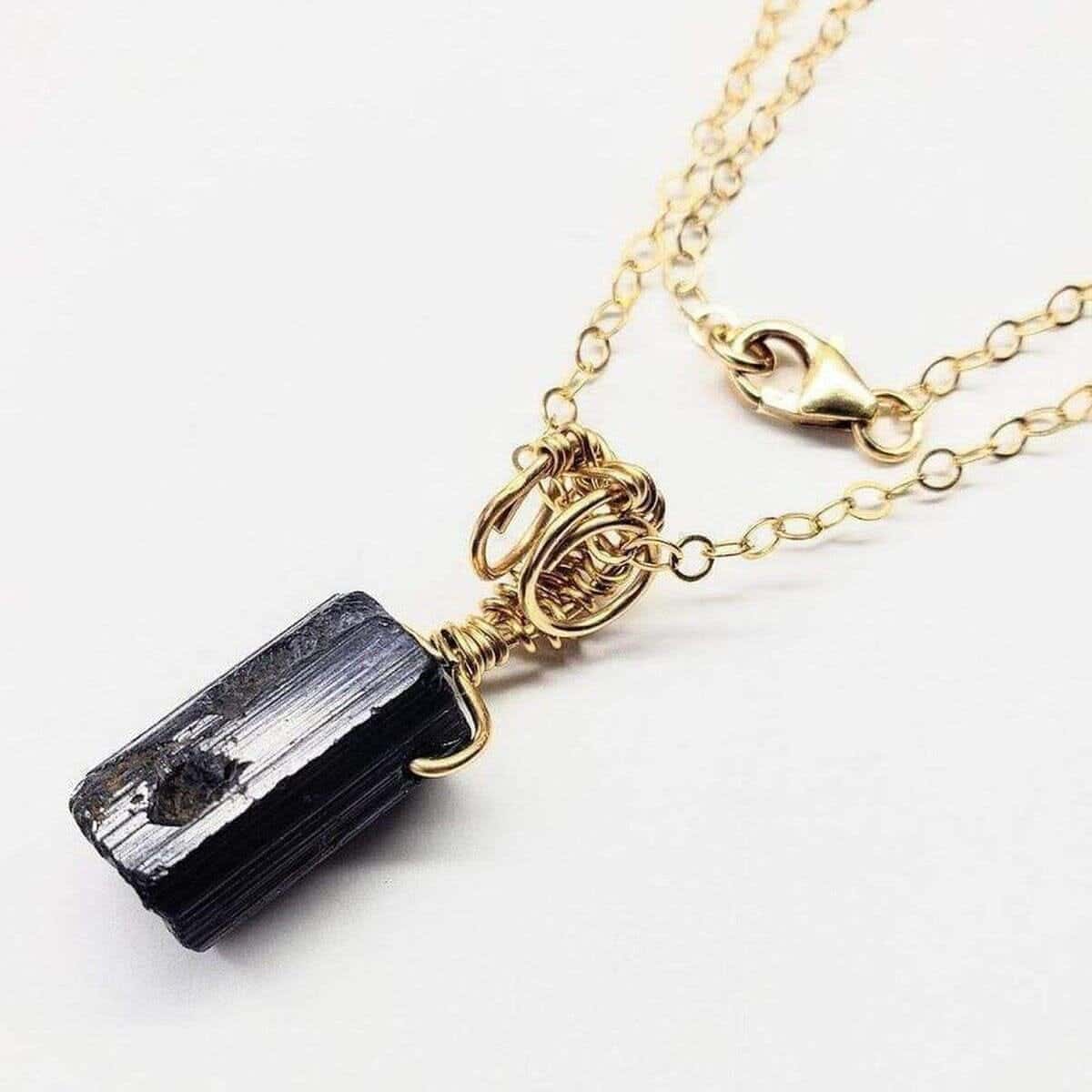 Wire Wrapped Raw Black Tourmaline Gemstone Necklace - 20 Inch
