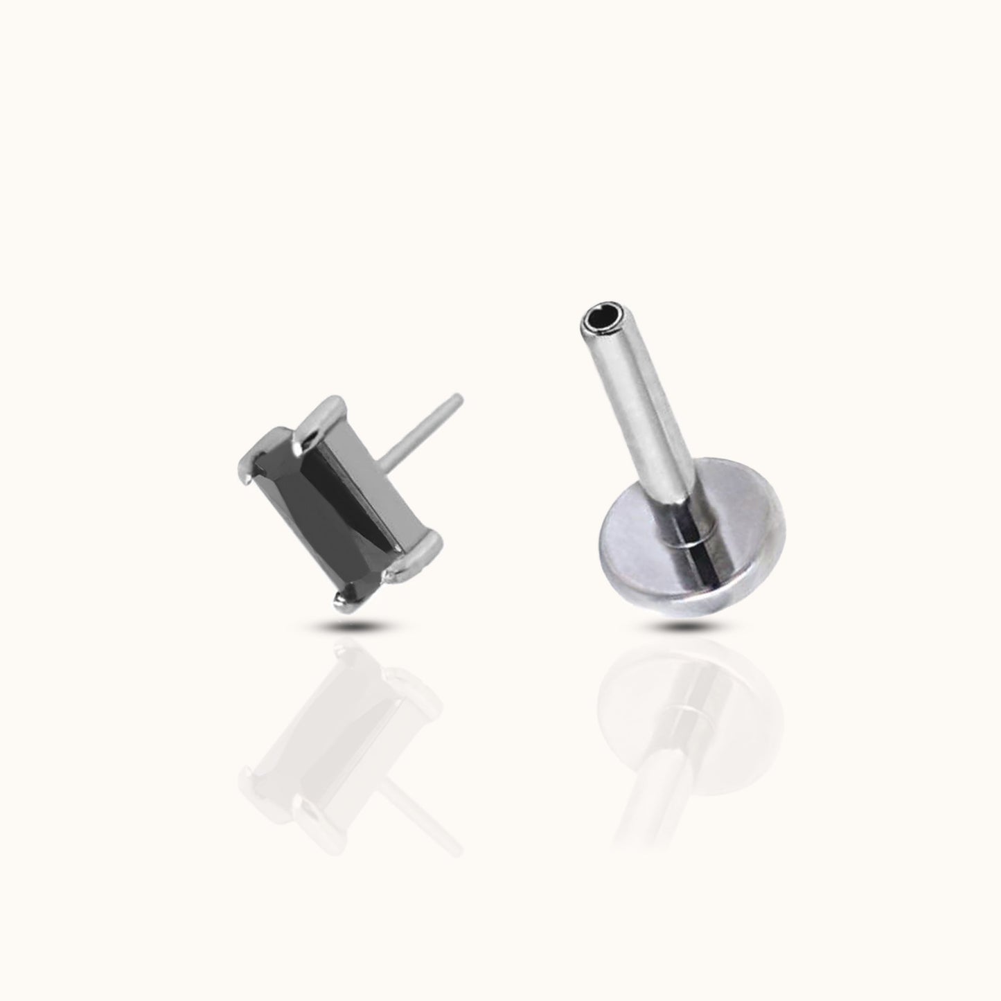 Rectangle Black CZ Threadless Labret Titanium Flat Back Earring
