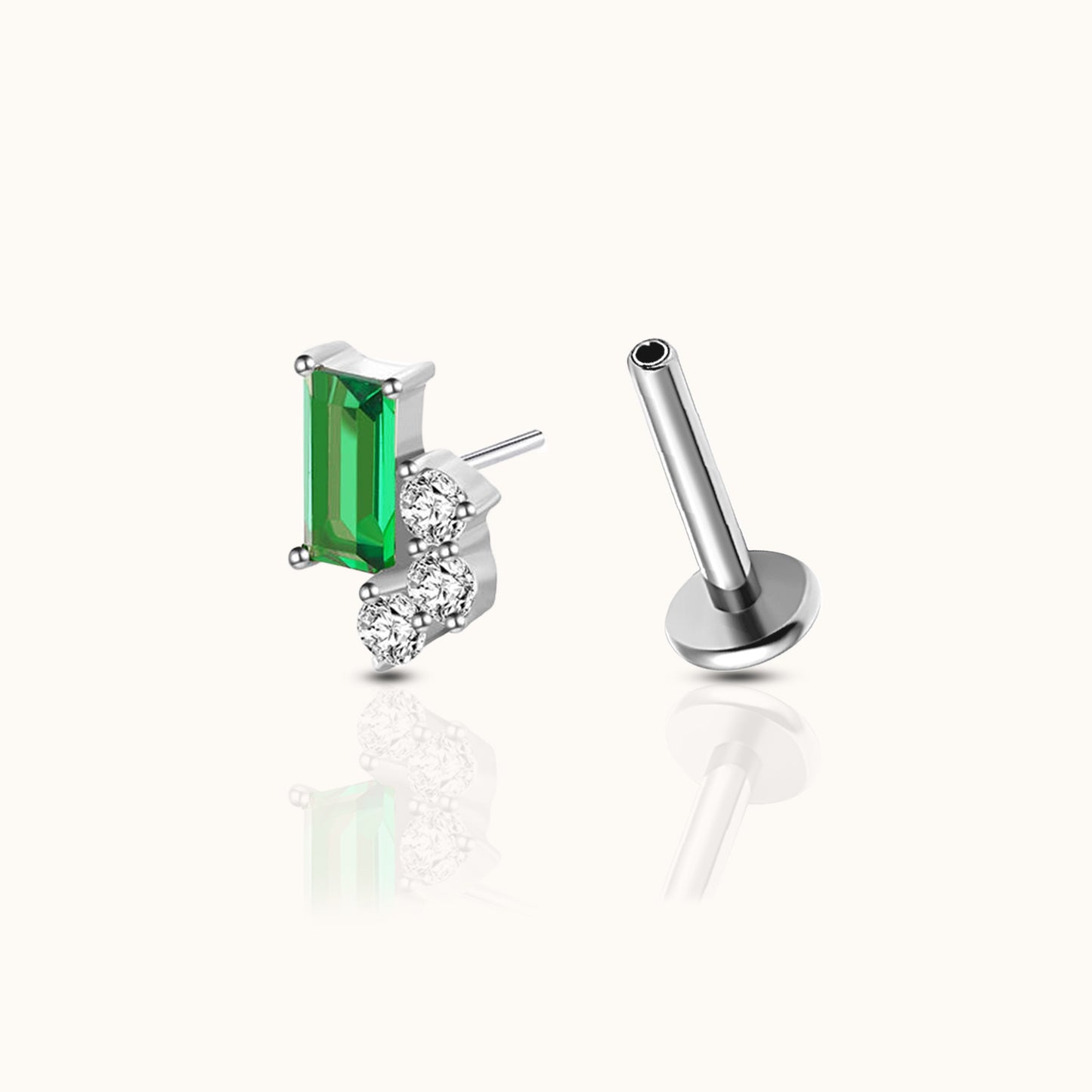 Rectangle Green CZ and Triple CZ Accents Threadless Labret Titanium Flat Back Earring