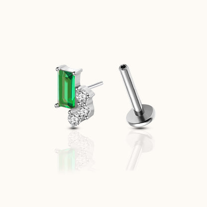 Rectangle Green CZ and Triple CZ Accents Threadless Labret Titanium Flat Back Earring