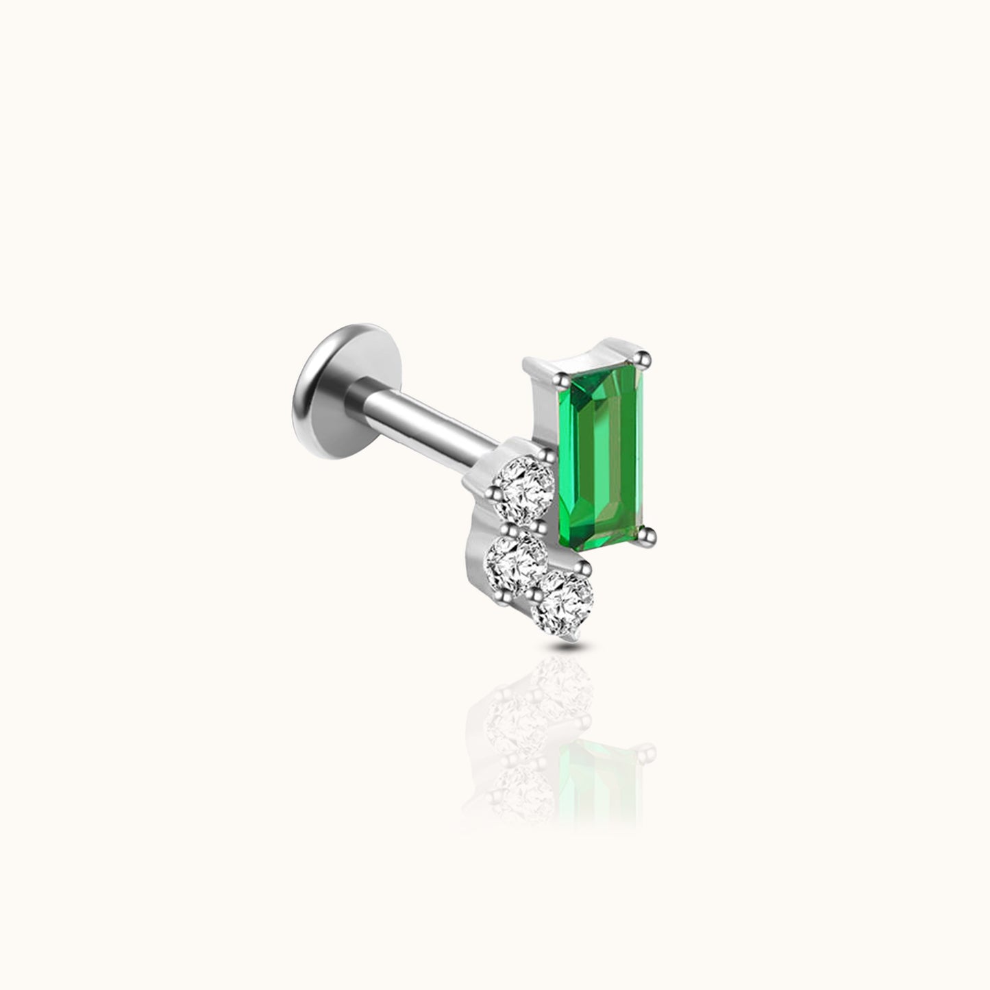 Rectangle Green CZ and Triple CZ Accents Threadless Labret Titanium Flat Back Earring