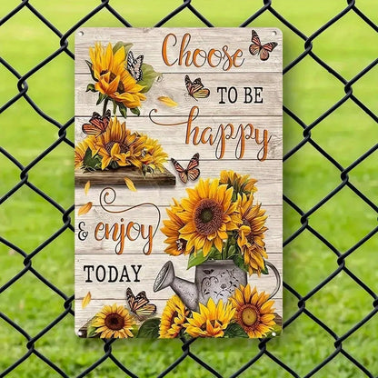 Rustic Iron Wall Sign | Vintage Sunflower & Butterfly | 'Choose to Be Happy' Motivational Quote | 8x12 Inch Metal Art
