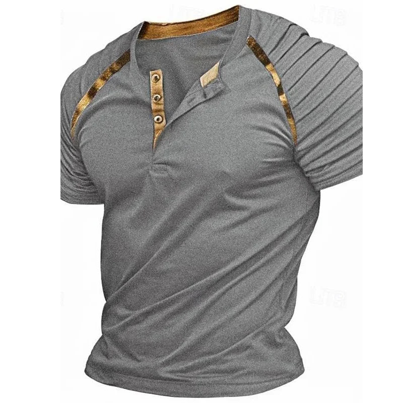 2024 Spring Summer Casual Mens T Shirts Short-sleeved Pleated Buttoned Tops Men Vintage Patchwork Striped T-shirt