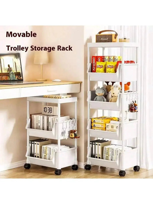 Multi-Tier Rolling Storage Cart, Slim Rolling Cart with Storage Bins and Hooks - Space-Saving Organizer, 360° Rotating Storage C