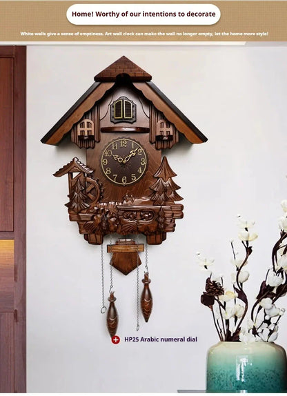 Antique Classic Solid Wood Hand-carved Cuckoo Wall Clock, Children's Music, Hour Announcement Swinging Creative Clock
