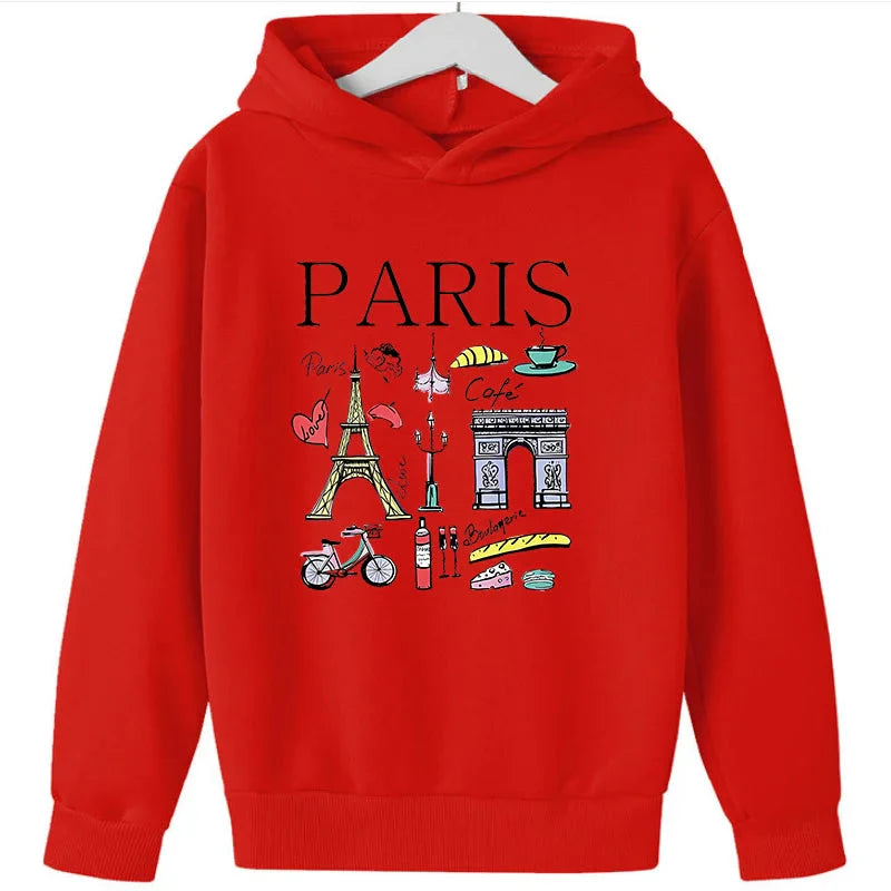 Girls Paris Landmarks & Food Pattern Print Hoodie Sweatshirt GYM Lover Thick Birthday Gift Top for Kids