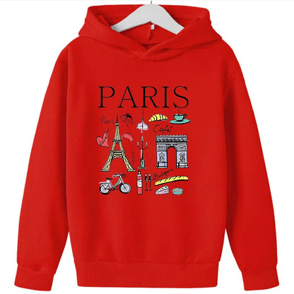 Girls Paris Landmarks & Food Pattern Print Hoodie Sweatshirt GYM Lover Thick Birthday Gift Top for Kids