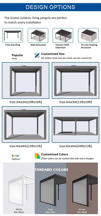 Motorized Aluminum Bioclimatic Pergola - Waterproof Electric Shutter Garden Gazebo