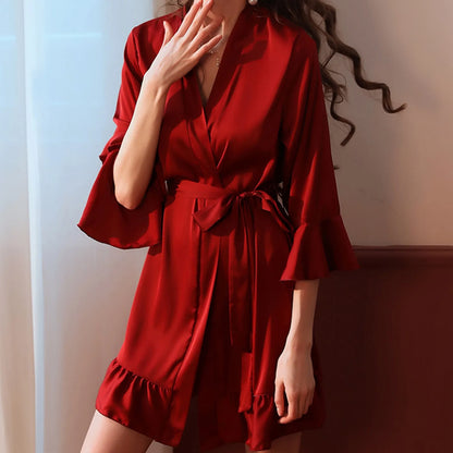 Sexy Flare Sleeve Kimono Gown Women Wedding Robe Silk Rayon Home Dress Elegant Ruffle Sleepwear Cozy Nightgown Intimate Lingerie