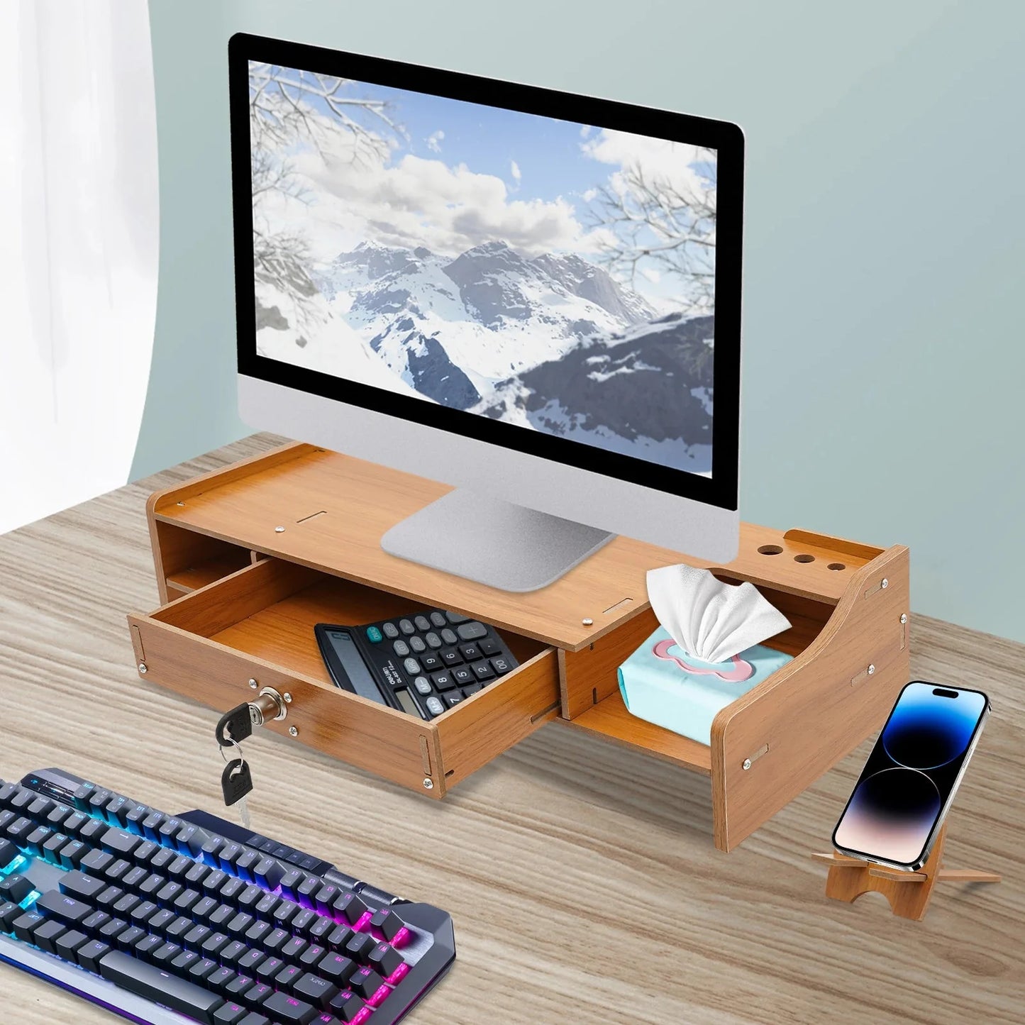 Wooden Desk Organizer W/ Drawer File Storage Desk Monitor Riser Computer Stand