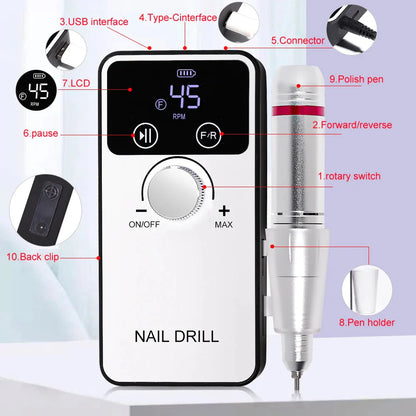 45000RPM Professional Nail Drill Machine Rechargeable Low Noise Electric Nail Drill Sander File for Manicure Gel  Polish Tool