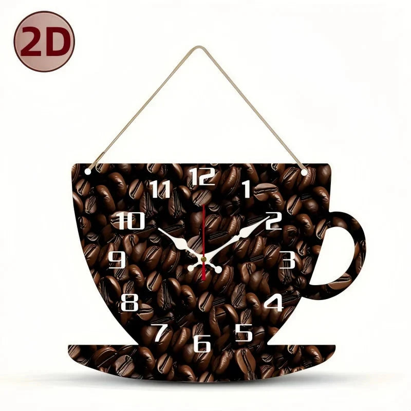 Coffee Cup Shaped Wooden Silent Hanging Wall Clock,Wood Grain Design Suitable For Living Room,Study Room,Bedroom,Home Decoration