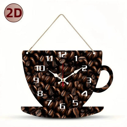 Coffee Cup Shaped Wooden Silent Hanging Wall Clock,Wood Grain Design Suitable For Living Room,Study Room,Bedroom,Home Decoration