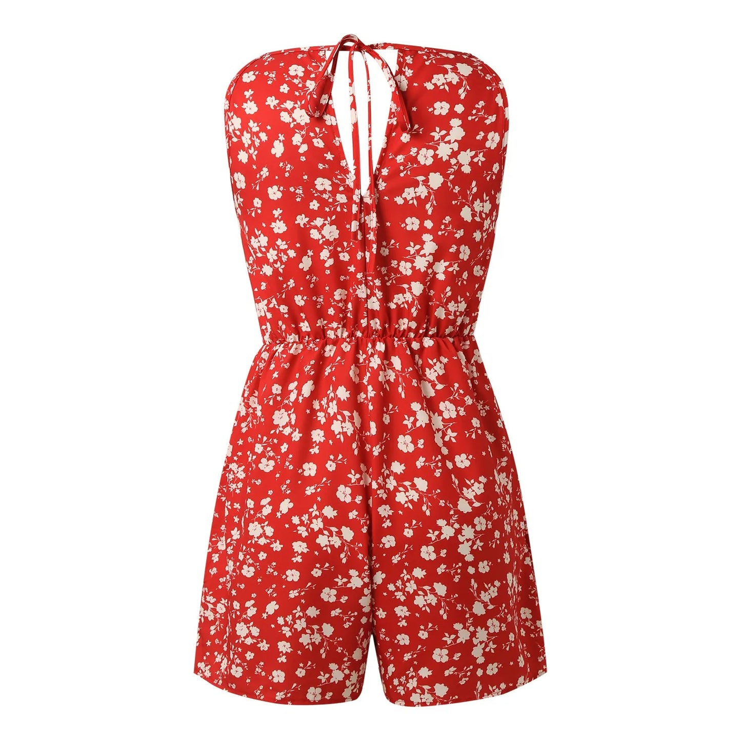 Fashion Women Romper Floral Printed Halter Neck High Waist Sleeveless Jumpsuits Summer Vintage Lace Up Casual Beach Overalls
