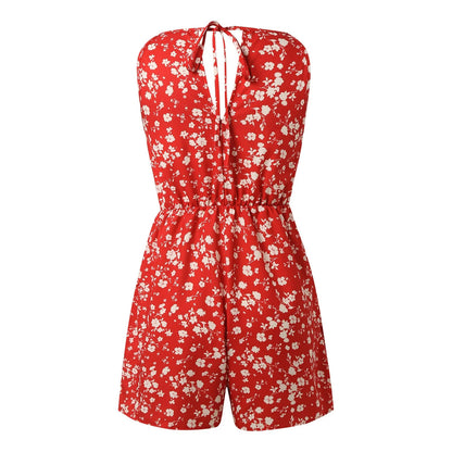 Fashion Women Romper Floral Printed Halter Neck High Waist Sleeveless Jumpsuits Summer Vintage Lace Up Casual Beach Overalls