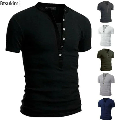 2026 Men's Summer Casual Shirts Solid V-neck Button Slim Fit T-Shirts for Men Fashion Short Sleeve Tees Tops Men Clothing S-3XL