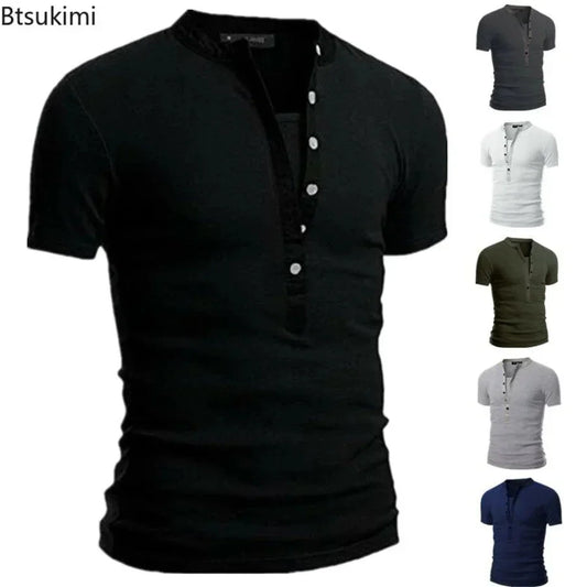 2026 Men's Summer Casual Shirts Solid V-neck Button Slim Fit T-Shirts for Men Fashion Short Sleeve Tees Tops Men Clothing S-3XL