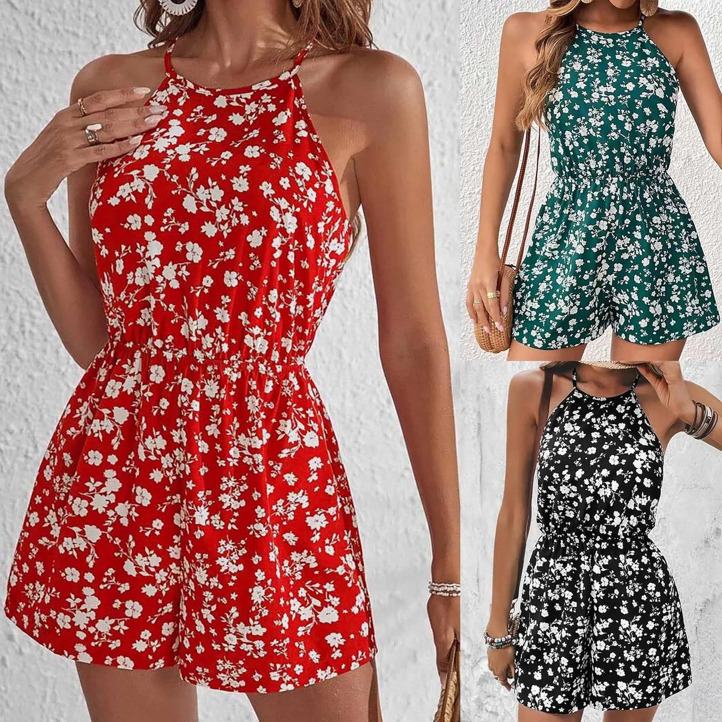 Fashion Women Romper Floral Printed Halter Neck High Waist Sleeveless Jumpsuits Summer Vintage Lace Up Casual Beach Overalls