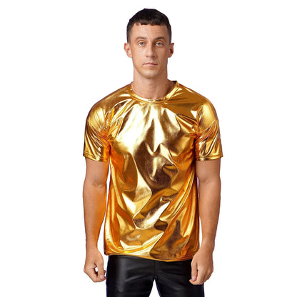 Mens Dance Shirts Tops Party Performance 80s Clothes Metallic Shiny Short Sleeve Round Neck T-shirt for Club Show Role Play