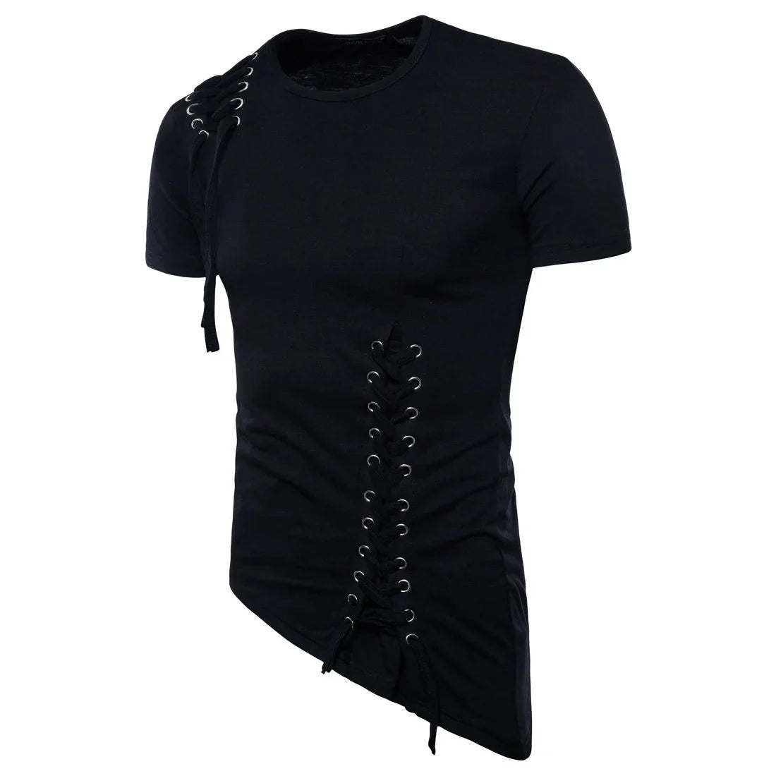 New2026 Men's Summer Short Sleeve T-shirts Trend Irregular Design Lace Up Solid Slim Tees Fashion Gothic Style Casual Shirts Men