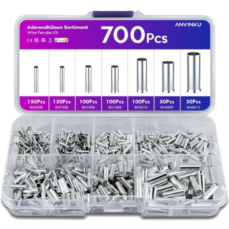 600/700pcs Bare Terminal Tubular Wire End Ferrules Mix Size Uninsulated Cable Sleeves Simple for Wire Connection Pin Crimp