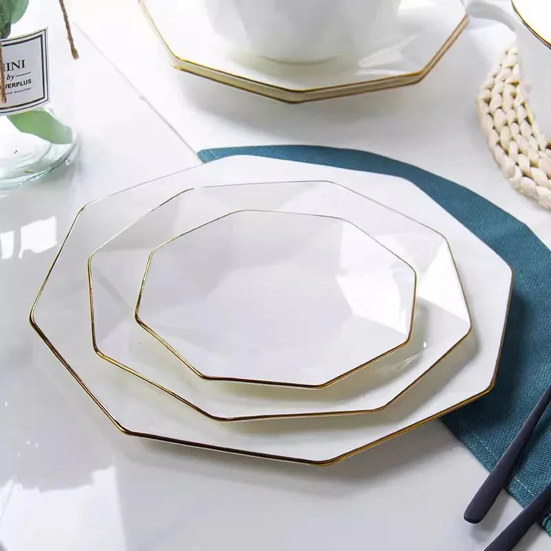 Phnom Penh Creative Octagonal Steak Flat Plate Light Luxury Bone China Tableware Western Dinner Plate Household Dinner Plates