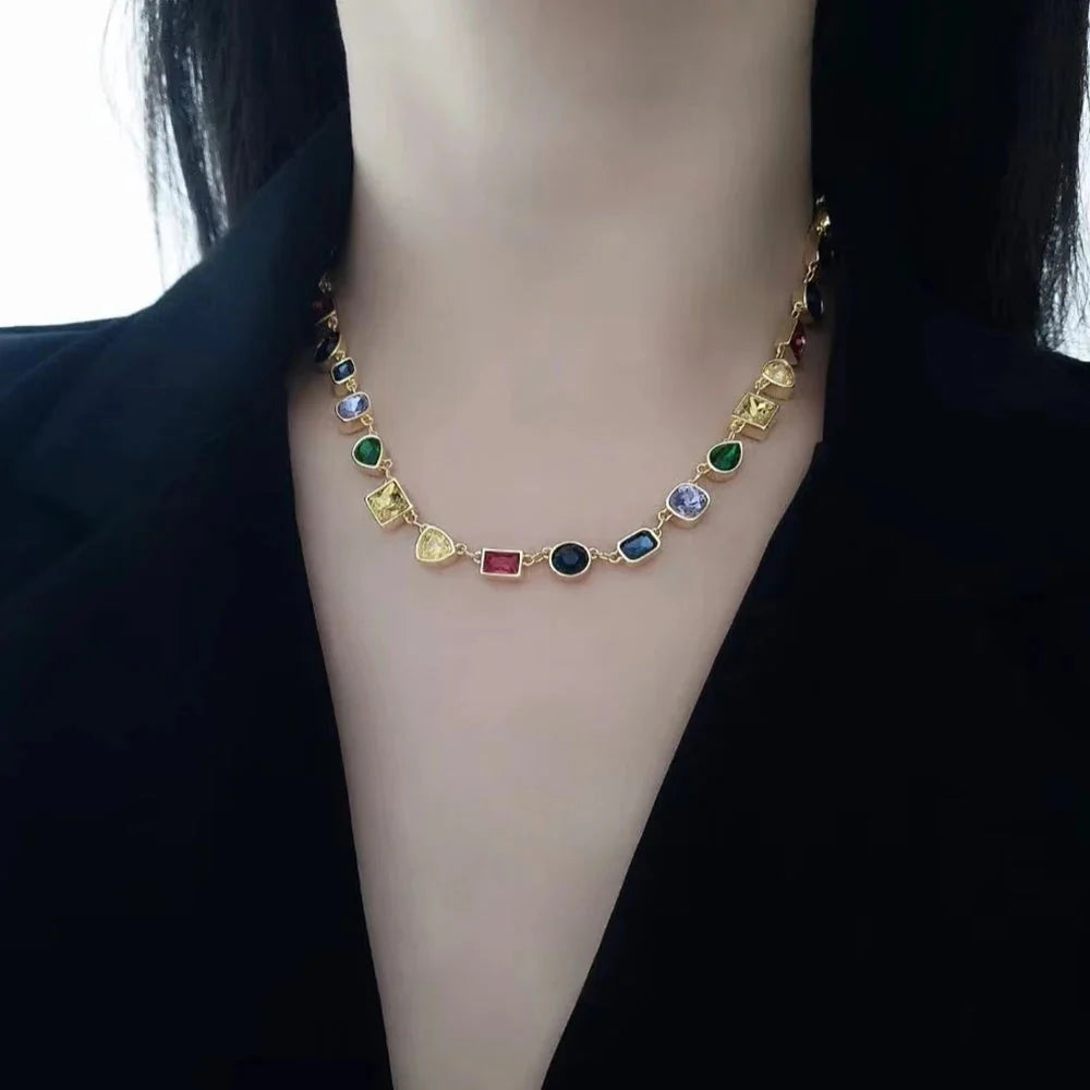 Luxury Fashion Women's Jewelry Colored Gems Set Sterling Silver Necklace Bracelet Plated With 18K Rose Gold Banquet Party