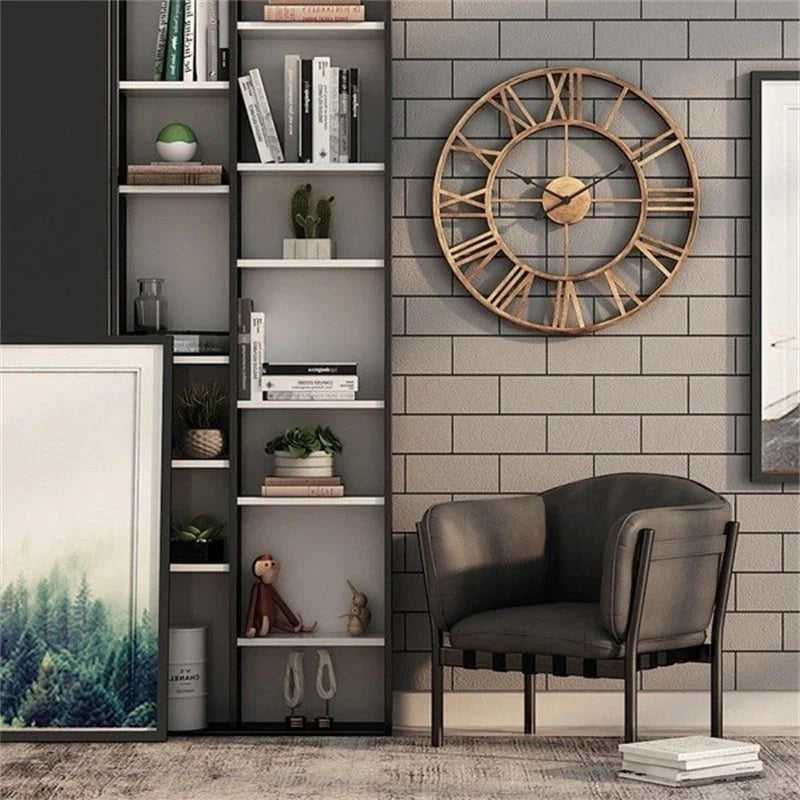 60CM Large 3D Wall Clocks Roman Numerals Retro Round Metal Iron Accurate Silent Nordic Hanging Ornament Living Room Decoration