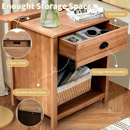 charging station nightstand in farmhouse style, pine wood with drawer for bedroom use