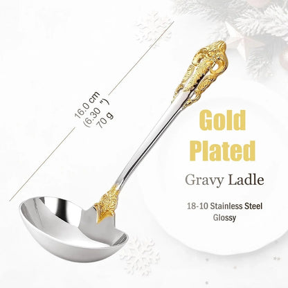 Stainless Steel Silver Flatware Set, Vintage Cutlery, Hollow Handle, Silverware for Wedding, Baroque, 18/10, Glossy Gold