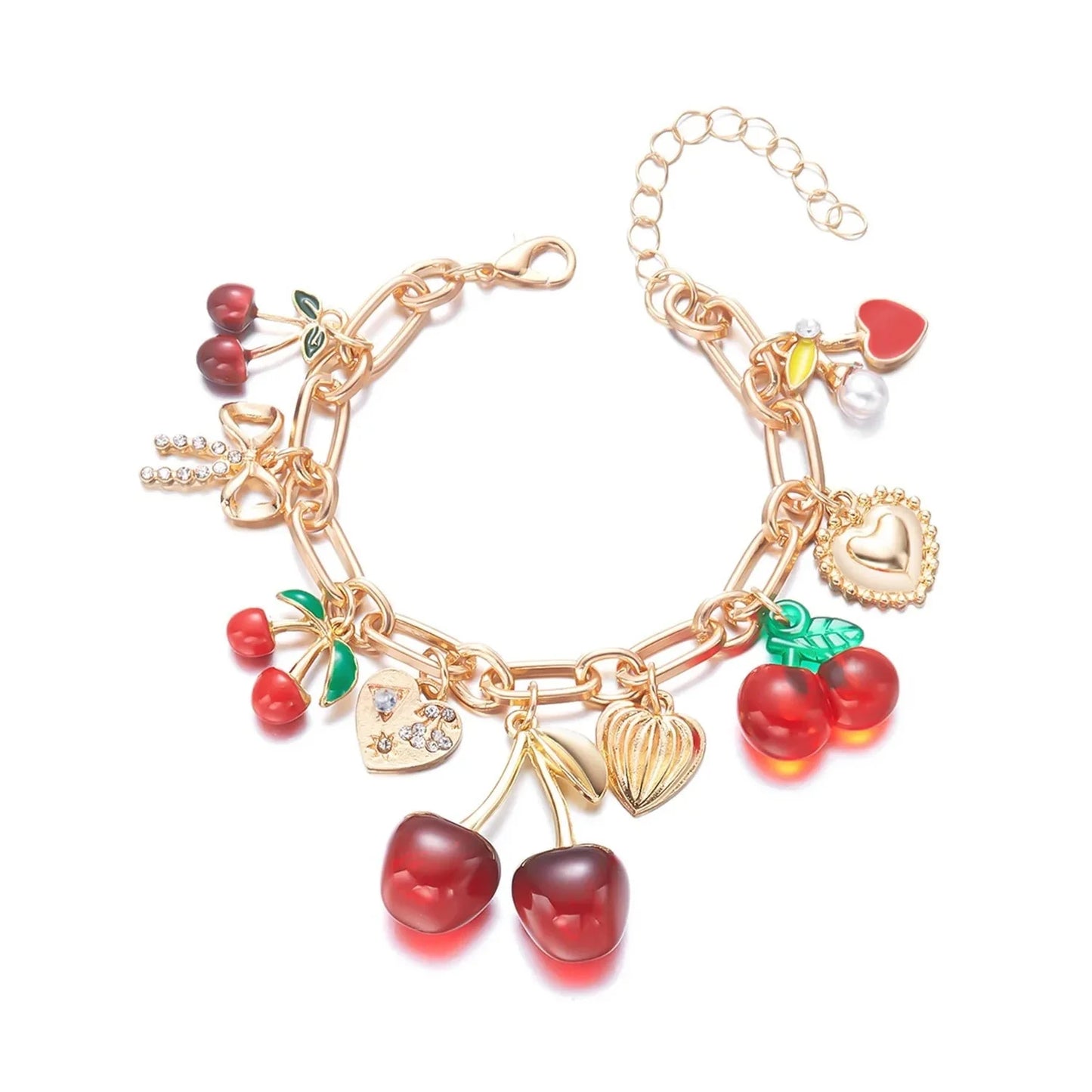 Cherry Jewelry (Ring/Bracelet Optional) - Gold Tone Crystal Charm Adjustable Cute Y2K Jewelry Accessory Daily Party Holiday Gift