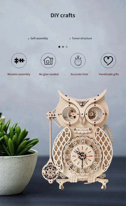 Wooden Puzzle 3D Owl Clock Model Building Kits Creative DIY Wall Clock Mechanical Retro Pendulum Clock Assembly Toy for Adults