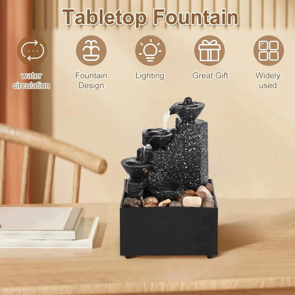 Desktop Art Waterfall Fountain with LED Light, Small Indoor Zen Ornament for Home Living Room Bedroom Office Decor