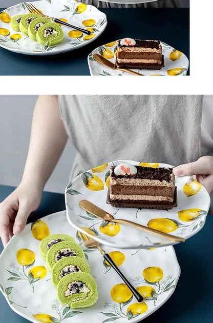 European Ceramic Plate Creative Rural Style Breakfast Bread Plate Hand Drawn Lemon Desktop Fruit Salad Plates Kitchen Tableware