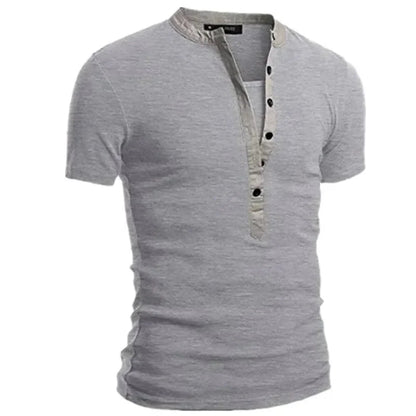 2026 Men's Summer Casual Shirts Solid V-neck Button Slim Fit T-Shirts for Men Fashion Short Sleeve Tees Tops Men Clothing S-3XL