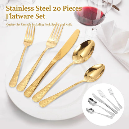 20pcs Silverware Set Floral Carved Stainless Steel Flatware Mirror Polished Cutlery Including Fork Spoon Knife Dishwasher Safe