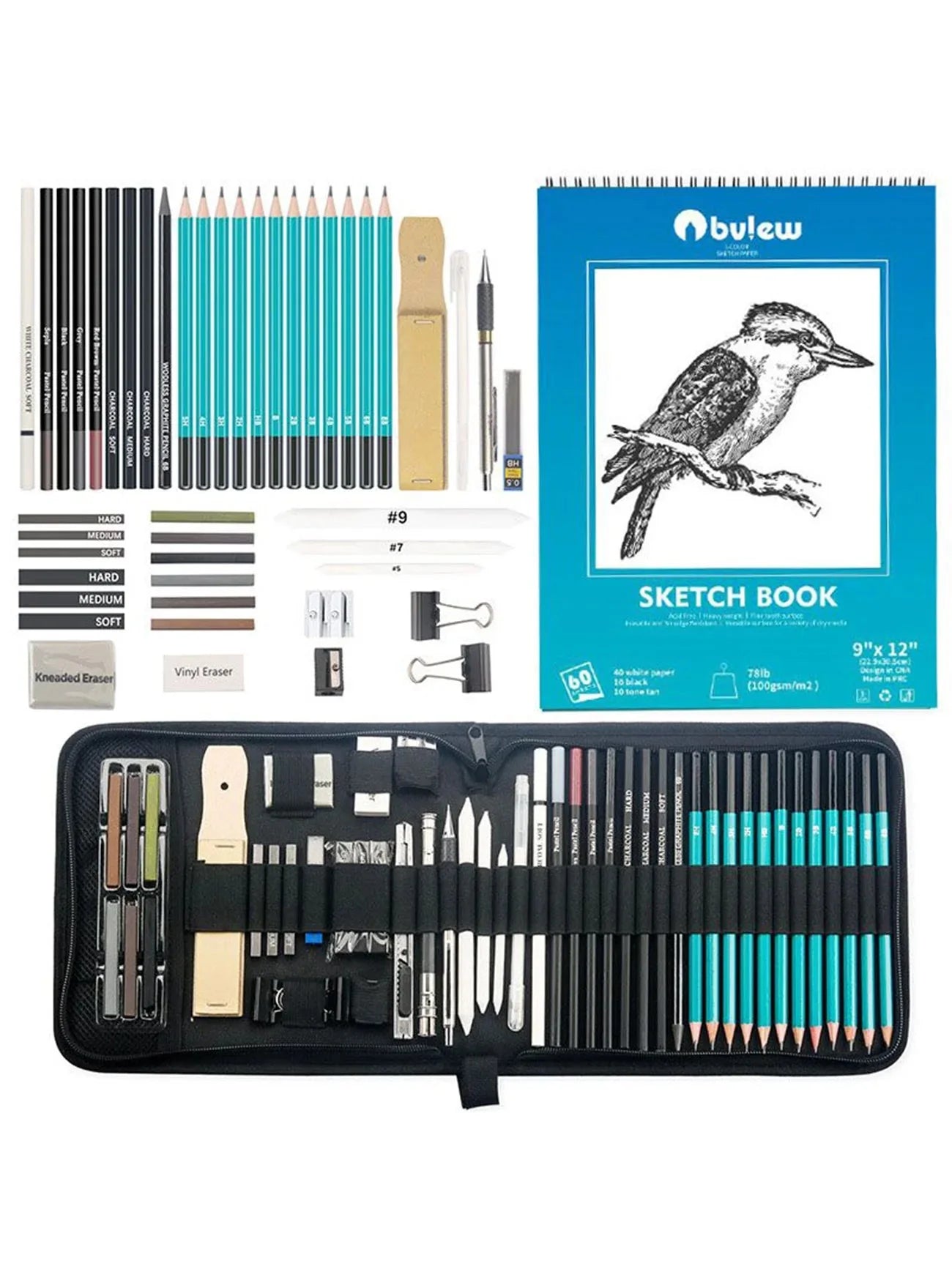 Bview Art 50 Pack Drawing Sketching Supplies Set Sketch Kit with Sketchbook Graphite Charcoal Pastel Pencil