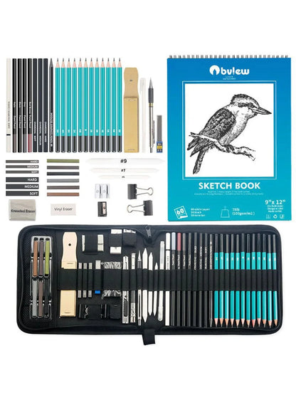 Bview Art 50 Pack Drawing Sketching Supplies Set Sketch Kit with Sketchbook Graphite Charcoal Pastel Pencil