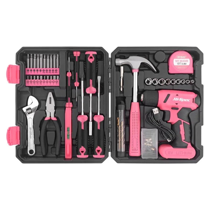 Hi-Spec 92-Piece Pink Home Tool Box Set, Multi-Function Hand Repair Kit with Hammer Cordless Power Drill Combo for Household DIY