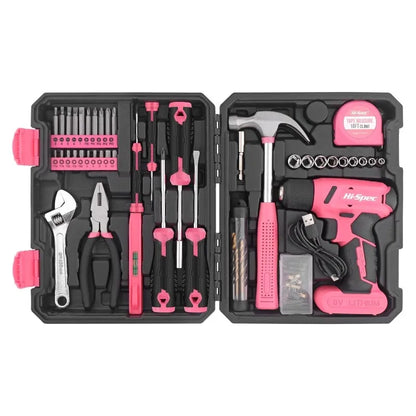 Hi-Spec 92-Piece Pink Home Tool Box Set, Multi-Function Hand Repair Kit with Hammer Cordless Power Drill Combo for Household DIY