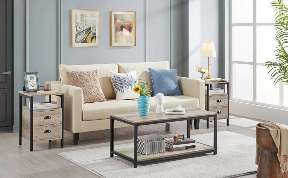 Coffee Tea Table with Metal Frame, Coffee with Open Storage Shelf, Vintage Accent Furniture for Living Room