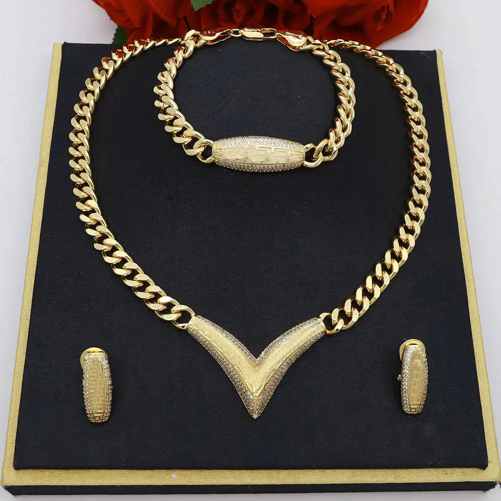 Dubai Vintage Jewelry Sets For Women Luxury Design Shiny Zircon Gold Plated Necklace Earring Bangle Wedding Party Accessories
